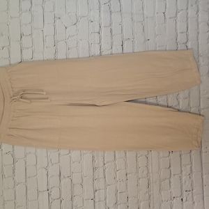 Women's Beige Linen Cotton Drawstring Waist Beach Trousers Pants Small